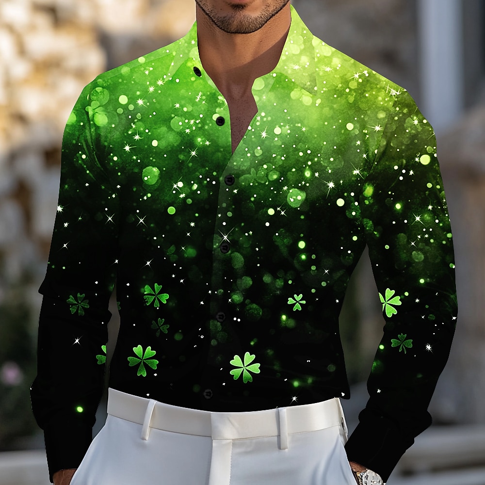 St. Patricks Day Herren Vierblättriges Kleeblatt Farbverlauf Satinhemd Oberhemd Knopfhemd Langarm Modisch lässig Geschenk Festtage Festival Sommer Frühling Umlegekragen Hemden mit Kragen 3D-Druck Grün Lightinthebox