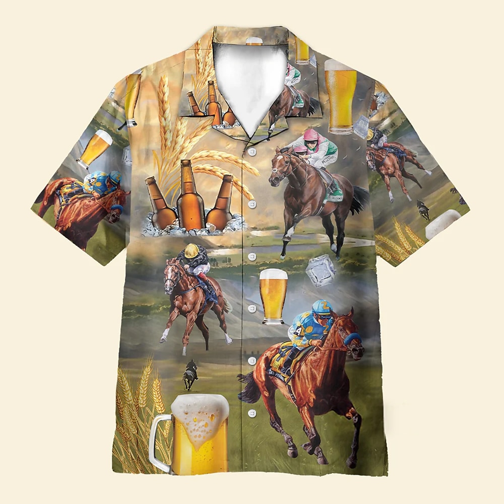 Kentucky Derby Herren Bier Pferderennen Hemd Kubanisches Hemd Kurzarm Vintage-Retro Urlaub Festtage Festival Sommer Frühling Hemd mit Camp-Kragen 3D-Druck Gelb Lightinthebox