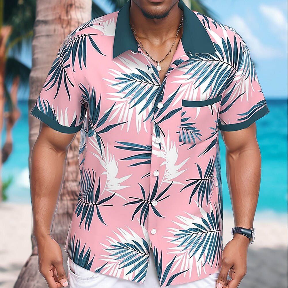 Herren Palmblatt Tropische Pflanzen Hawaiihemd Sommerhemd Knopfhemd Kurzarm Hawaiianisch Resort Urlaub Festtage Strandbekleidung Sommer Frühling Umlegekragen Hemden mit Kragen Eine Tasche vorne Rosa Lightinthebox