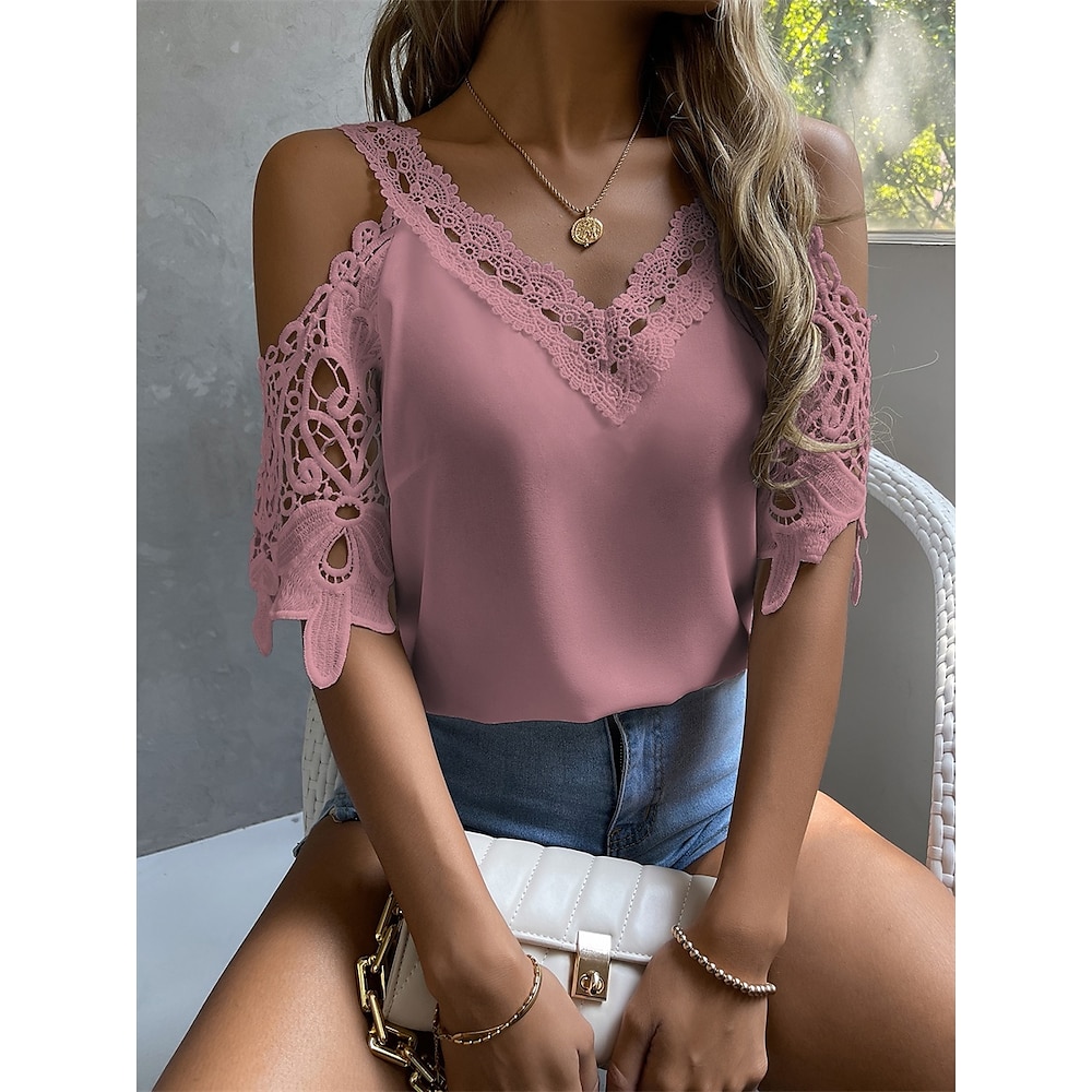 Damen T Shirt Glatt Modisch Modern Brautkleider schlicht Kurzarm V Ausschnitt Normale Oberteile Täglich Wochenende Spitze Patchwork Gelb Rosa Sommer Frühling Lightinthebox