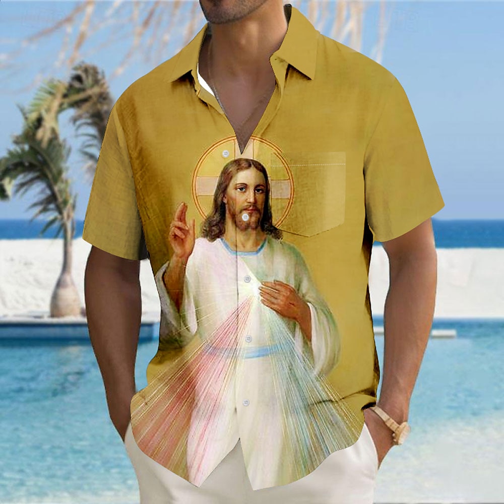 Ostern Herren Jesus Hilfsmuster Hemd Knopfhemd Kurzarm Vintage-Retro Festtage Festival Sommer Umlegekragen 3D-Druck Hemden mit Kragen Eine Tasche vorne Gelb Lightinthebox