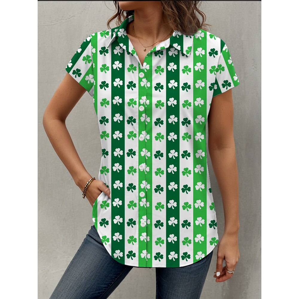 St. Patrick's Day Damen Shirt Grafik Shamrock Täglich Kurzarm Cap Sleeve Hemdkragen Lange Oberteile Täglicher Grün Sommer Frühling Lightinthebox