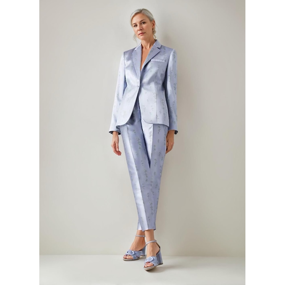 Overall / Hosenanzug, Kleid für die Mutter der Braut, eleganter Vintage-Blazer mit schlichtem Blumendruck, Revers, bodenlang, Satin, lange Ärmel, mit Knöpfen, 2025 Lightinthebox