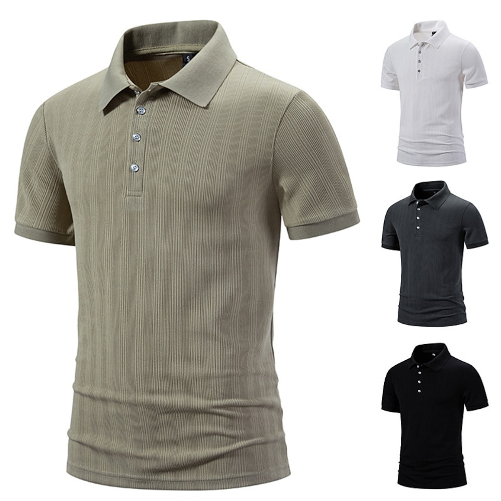 Herren Rippstrick-Oberteil Golf Poloshirts Arbeit Casual Kargen Gerippter Polokragen Kurzarm Basic Modern Farbblock Knopf Frühling Sommer Regular Fit Dunkelgrau Schwarz Weiß Khaki Rippstrick-Oberteil Lightinthebox