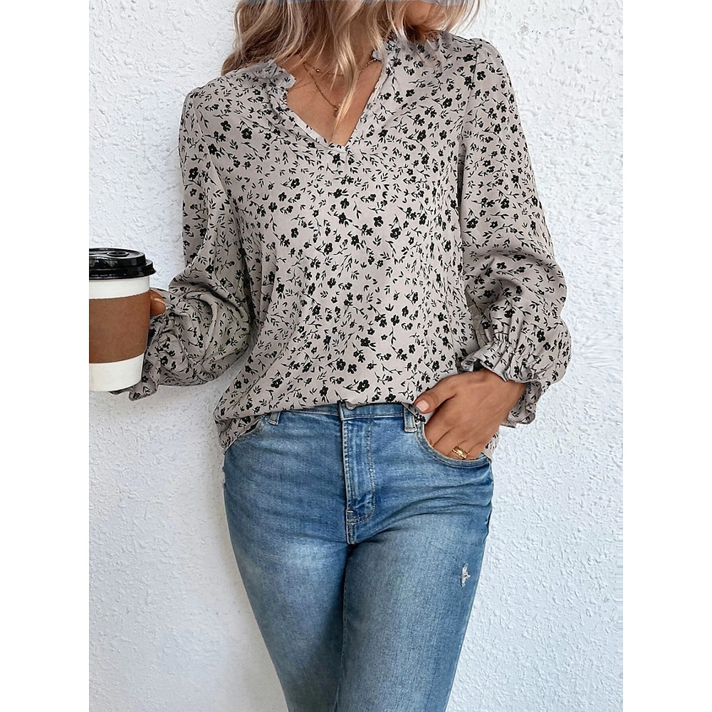 Damen Hemd Bluse Stilvoll Brautkleider schlicht Blumen Normale Oberteile Langarm V Ausschnitt Bedruckt Regular Fit Täglich Wein Grün Beige Sommer Frühling Lightinthebox