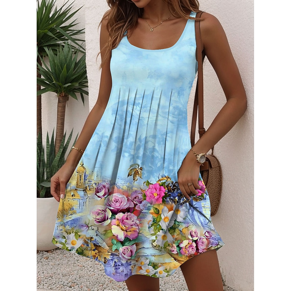 Damen Normal Minikleid A Linie Kleid Tank-Top Kleid Sommerkleid Urlaub Stilvoll Brautkleider schlicht Urlaub Täglich Regular Fit Blumen Graphic Ärmellos Rundhalsausschnitt Blau Sommer Lightinthebox