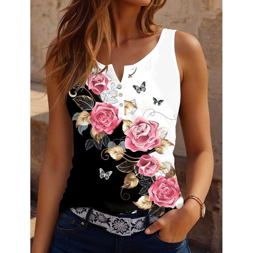 Damen Hemd Bluse Blumen Brautkleider schlicht Ärmellos Gekerbter Hals Normale Oberteile Täglich Knopf Bedruckt Weiß Sommer Lightinthebox