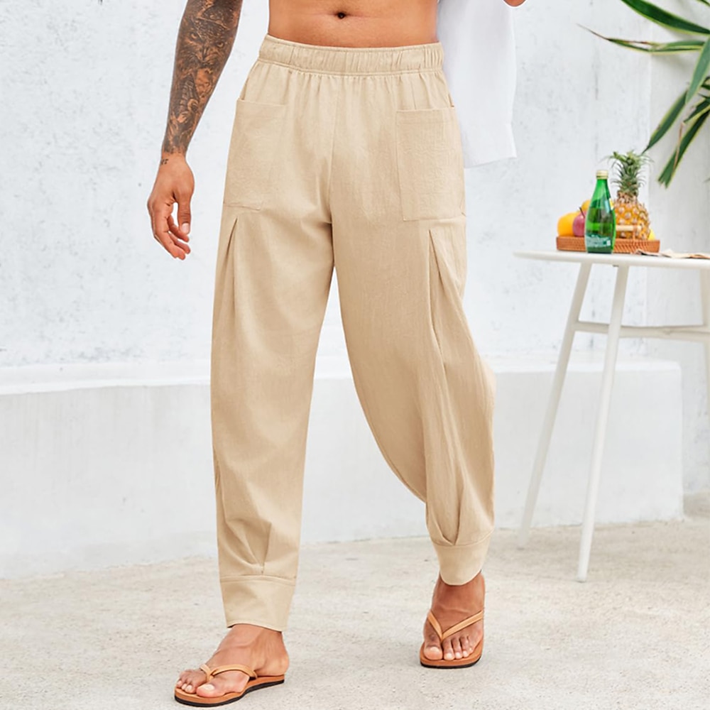 Herren Leinenhose Hose Hosen Sommerhosen Strandhose Gefaltet Elastische Taille Vordertasche Glatt Komfort Atmungsaktiv In voller Länge Heim Casual Täglich Modisch Klassicher Stil Weiß Himmelblau Lightinthebox