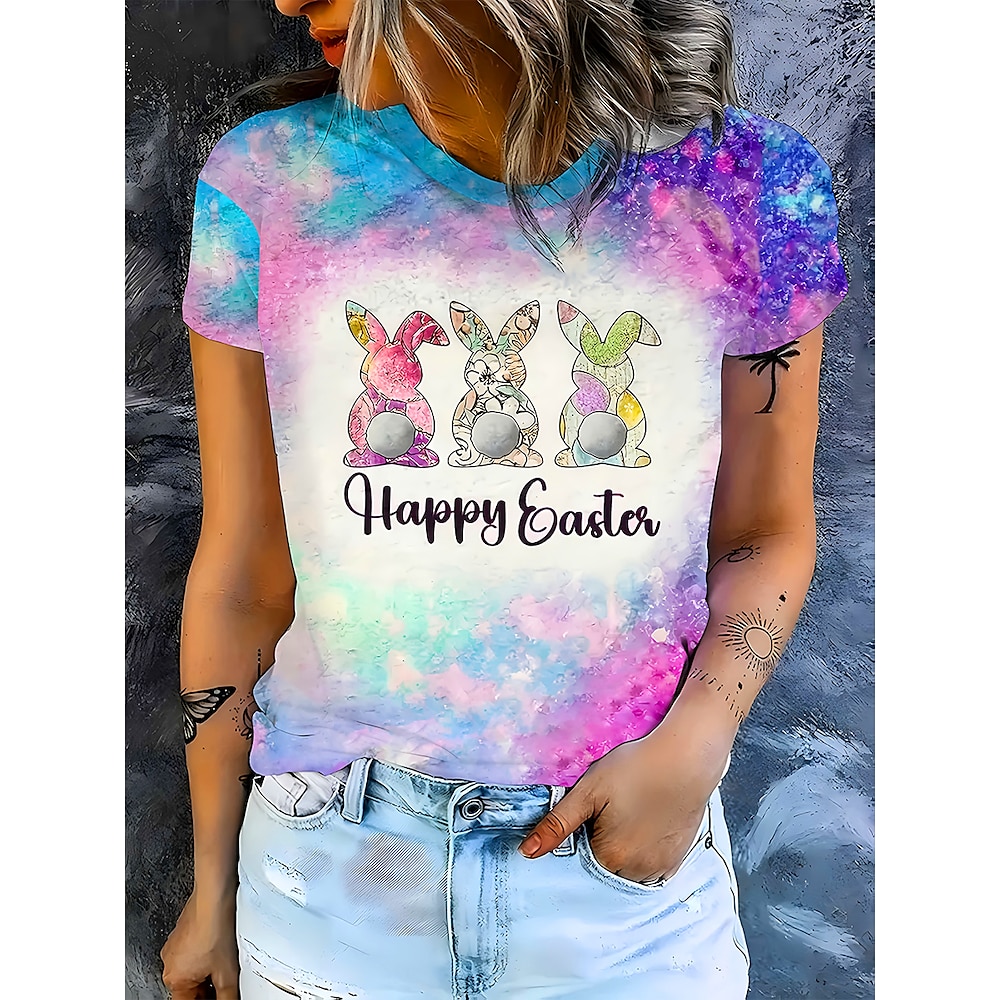 Ostern Damen T Shirt Tier Buchstabe Vintage Modisch Stilvoll Kurzarm Rundhalsausschnitt Normale Oberteile Täglich Wochenende Bedruckt Purpur Sommer Lightinthebox