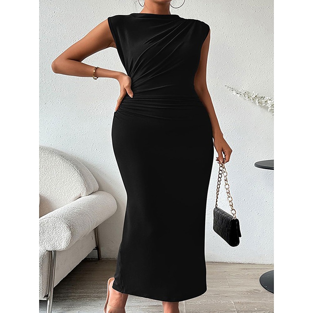 Damen Midikleid Wickelkleid Sweatkleid Schulterfreies Kleid Brautkleider schlicht Urlaub Casual Täglich Regular Fit Graphic Ärmellos Rundhalsausschnitt Schwarz Sommer Lightinthebox