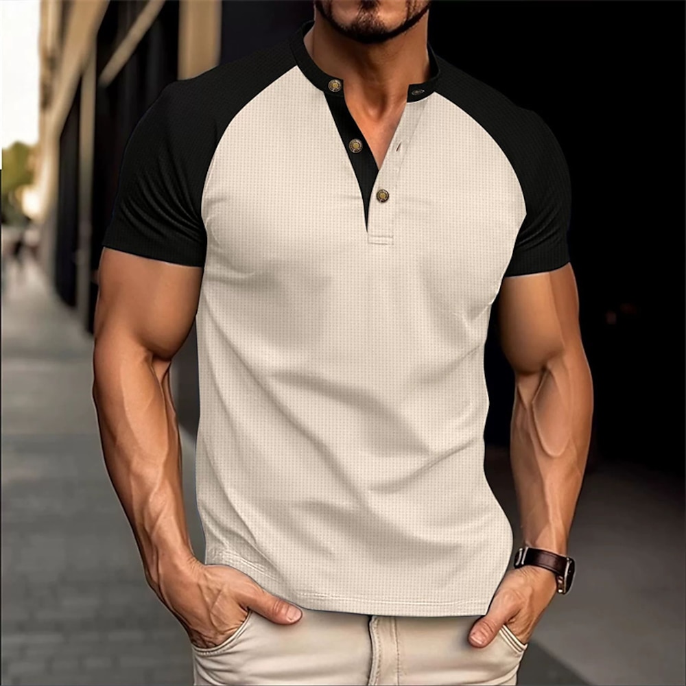 Herren T Shirt Waffel-Henley-Hemd Henley Shirt Tee Kurzarm-Shirt Farbblock Henley Urlaub Strasse Kurzarm Patchwork Bekleidung Polyester Modisch Designer Basic Lightinthebox