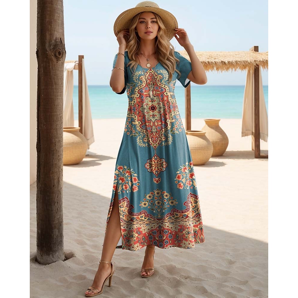 Damen Normal schwarzes kleid Langärmliges Boho-Kleid Schmetterling Elegant Vintage Urlaub Strand Regular Fit Blumen Graphic Vintage Kurzarm Rundhalsausschnitt Blau Sommer Lightinthebox