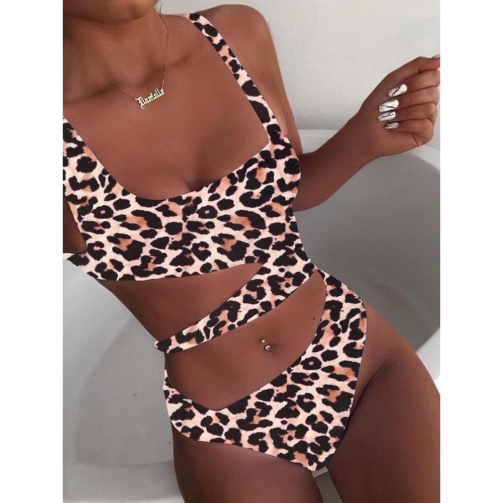 Damen Badeanzug Ein Stück Monokini Bademode Rückenfrei Bauchkontrolle Hohe Taillenlinie Schlank Urlaub Strandbekleidung Leopard Halfterhals Ärmellos Badeanzüge Lightinthebox