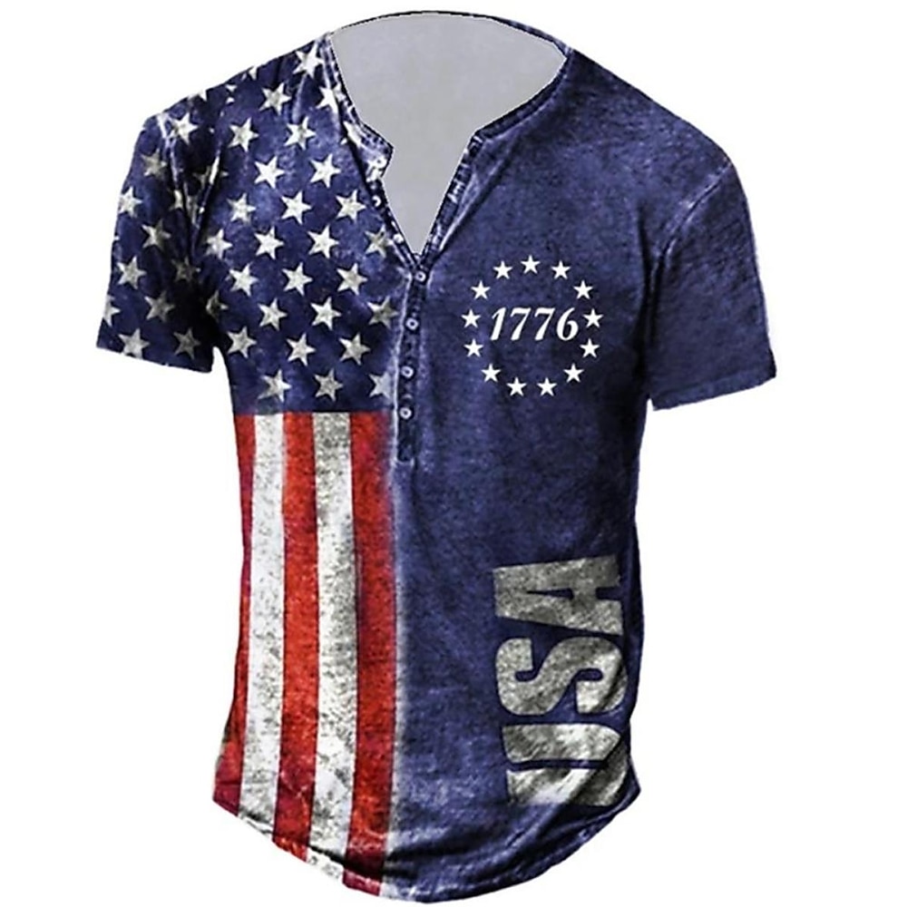 Herren Grafik-Drucke Amerikanische Flagge Nationalflagge T Shirt Henley Shirt Kurzarm Sport Modisch Designer Outdoor Strasse Täglich Sommer Blau Henley Henley T-Shirt Lightinthebox