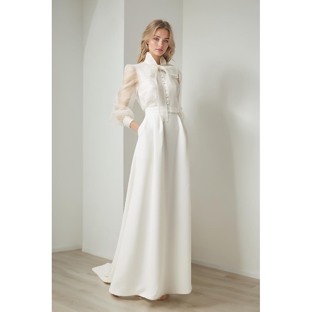 Trompete / Meerjungfrau Abendkleider Elegant Kleid Formal Hochzeit Bodenlanger Rock Langarm Hemdkragen Gürtel / Schärpe Organza mit Schleife(n) 2025 Lightinthebox