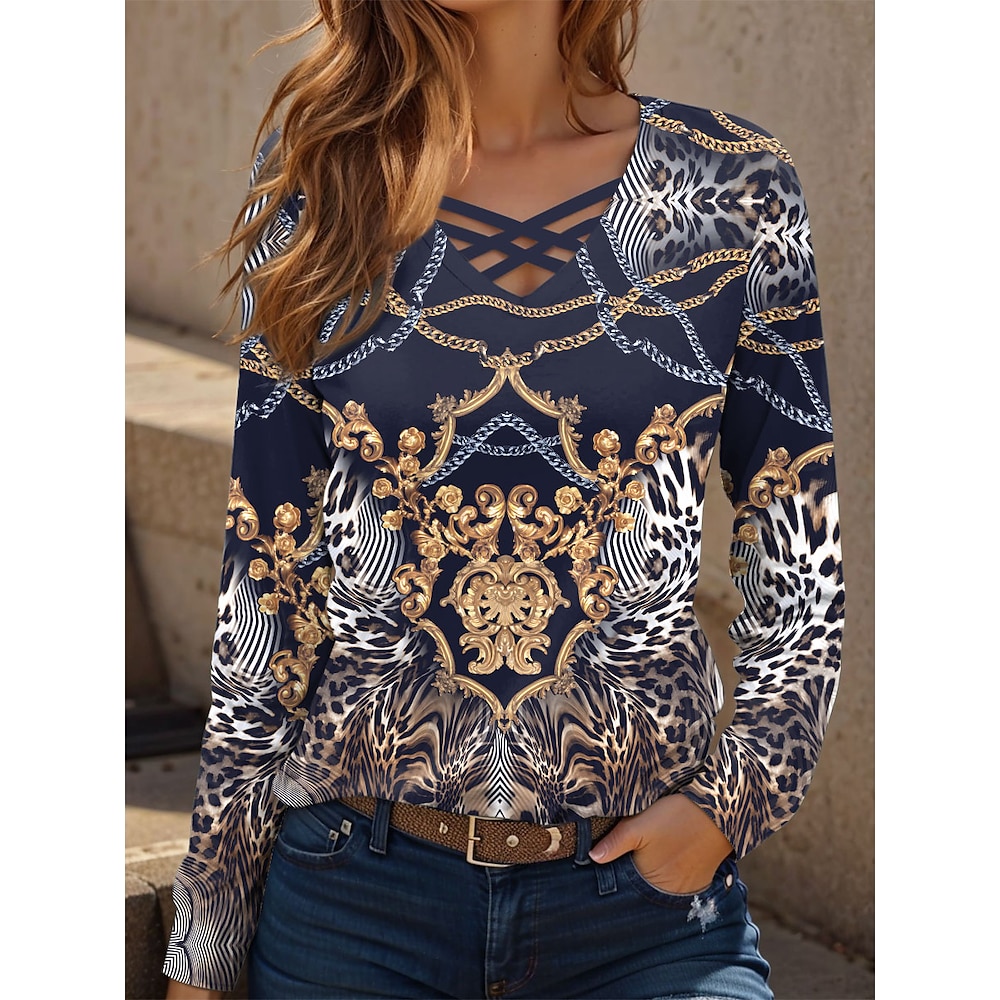 Damen T Shirt Graphic Leopard Paisley-Muster Brautkleider schlicht Langarm V Ausschnitt Normale Oberteile Täglich Ausgeschnitten Bedruckt Marineblau Frühling Herbst Lightinthebox