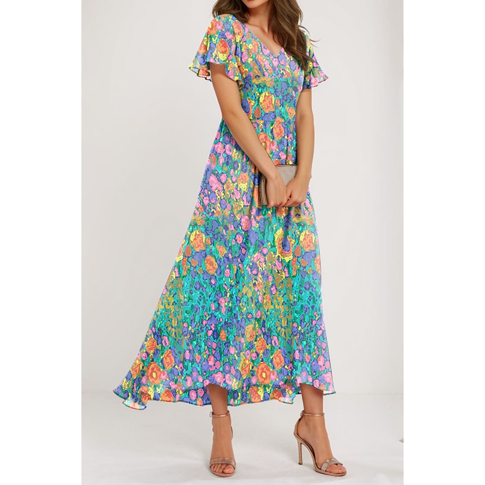 Damen A Linie Kleid Ausgestellter Ärmel Elegant Urlaub Täglich Regular Fit Blumen Kurzarm V Ausschnitt Gelb Sommer Lightinthebox