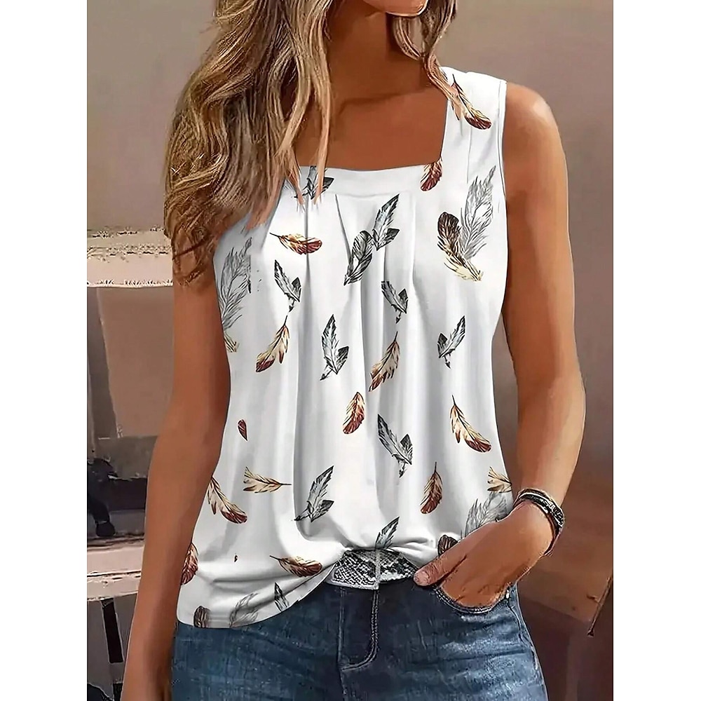 Damen Hemd Bluse Blatt Stilvoll Brautkleider schlicht Ärmellos Quadratischer Ausschnitt Normale Oberteile Täglich Bedruckt Weiß Sommer Lightinthebox