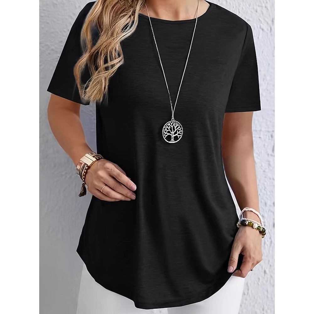 Damen T Shirt Modisch Modern Brautkleider schlicht Glatt Normale Oberteile Kurzarm Rundhalsausschnitt Knopf Regular Fit Täglich Wochenende Schwarz Wein Blau Sommer Frühling Lightinthebox