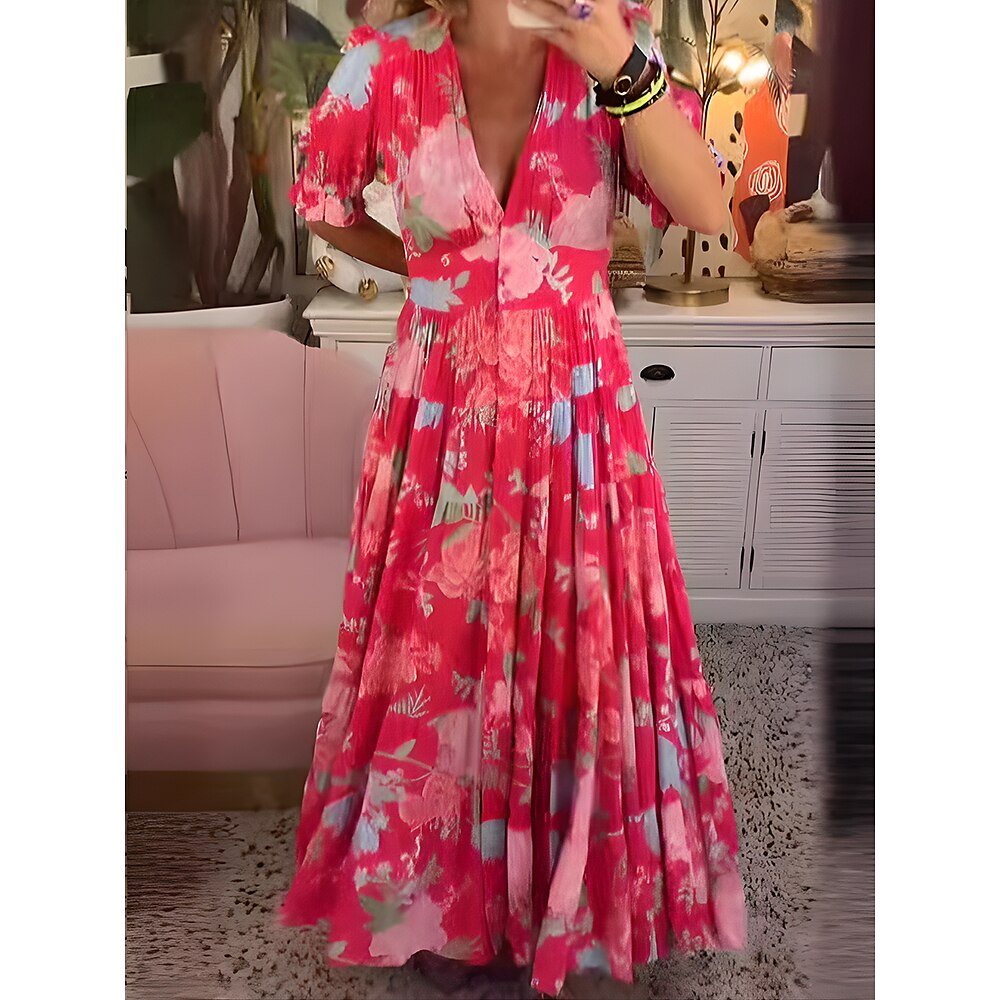 Damen Maxi Kleid Korsett Kleid A-Linie Kleid Sommerkleid Stilvoll Freizeit Urlaub Alltag Reguläre Passform Floral Kurzarm V-Ausschnitt Rot Himmelblau Grün Sommer Lightinthebox