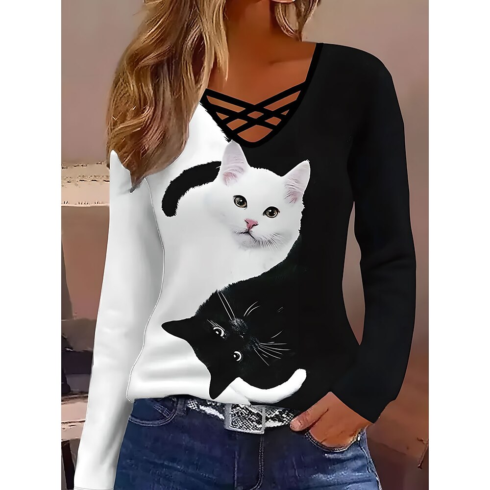 Damen T Shirt Farbblock Katze Brautkleider schlicht Langarm Gekerbter Hals Normale Oberteile Täglich Bedruckt Weiß Frühling Herbst Lightinthebox