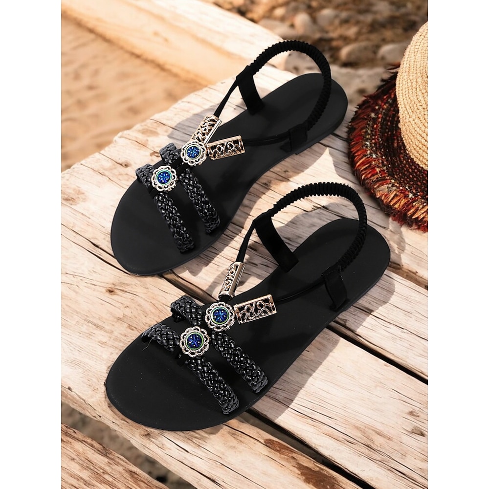 Damen Sandalen Boho Urlaub Täglich Geflochten Strass Perlenstickerei Flacher Absatz Runde Zehe Böhmen Urlaub PU Halbschuhe Schwarz Lightinthebox