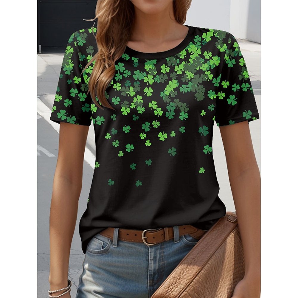 St. Patrick's Day Damen T-Shirt Pflanzen Lässig Kurzarm Rundhals Regelmäßige Oberteile Täglicher Druck Grün Sommer Lightinthebox