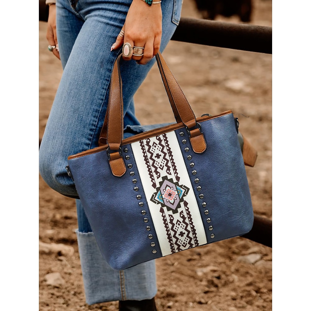 Western-Boho-Tragetasche für Damen - Handtasche aus Kunstleder mit Stammesstickereien und Nietenakzenten für Freizeit, Reisen und den täglichen Gebrauch blau Lightinthebox