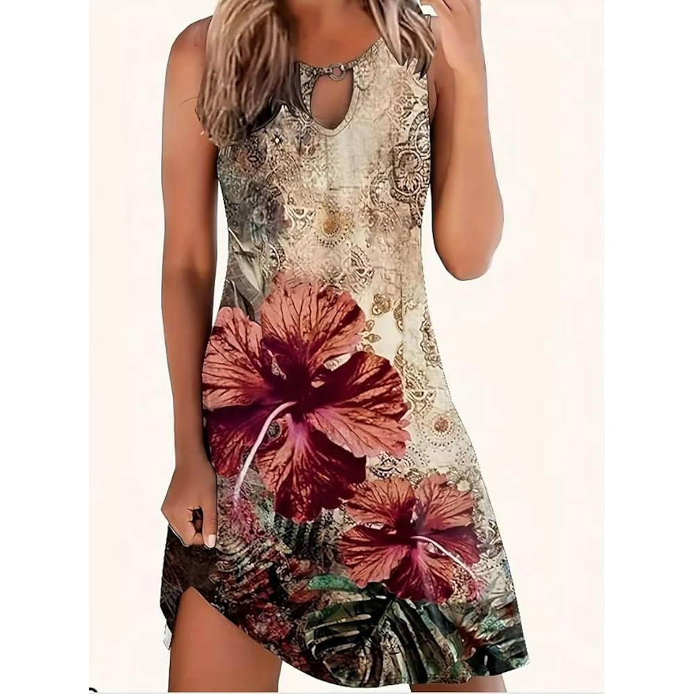 Damen Minikleid Casual kleid Tank-Top Kleid Urlaub Brautkleider schlicht Urlaub Täglich Regular Fit Blumen Ärmellos Rundhalsausschnitt Leicht Braun Sommer Lightinthebox