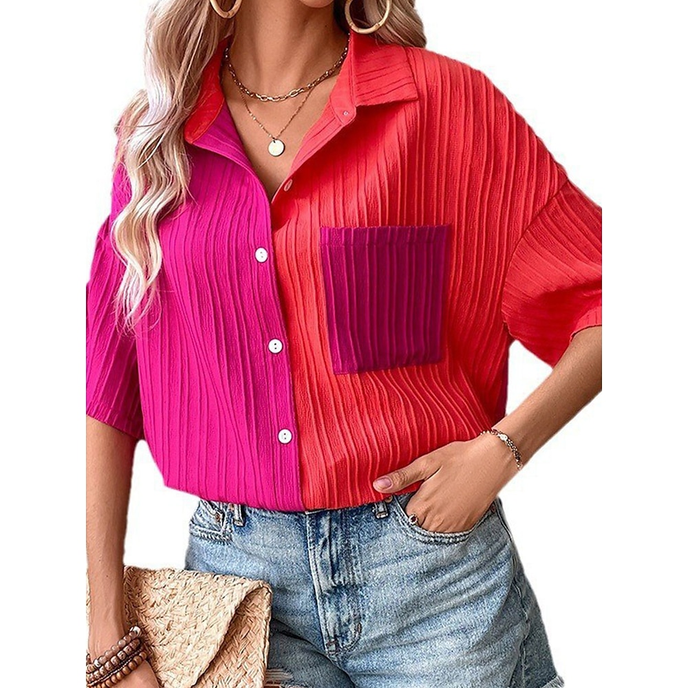 Damen Hemd Bluse Farbblock Täglich Stilvoll Brautkleider schlicht Kurzarm Hemdkragen Normale Oberteile Täglich Festtage Ausgehen Patchwork Knopf Tasche Rosa Sommer Frühling Lightinthebox