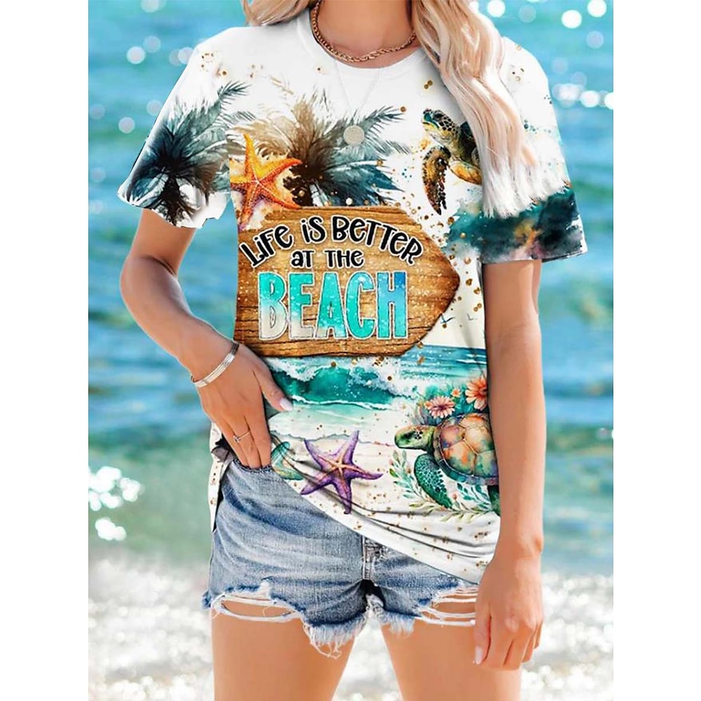 Damen T Shirt Pflanzen Tropisch Modisch Hawaiianisch Kurzarm Rundhalsausschnitt Normale Oberteile Ausgehen Wochenende Strandbekleidung Bedruckt Weiß Sommer Lightinthebox