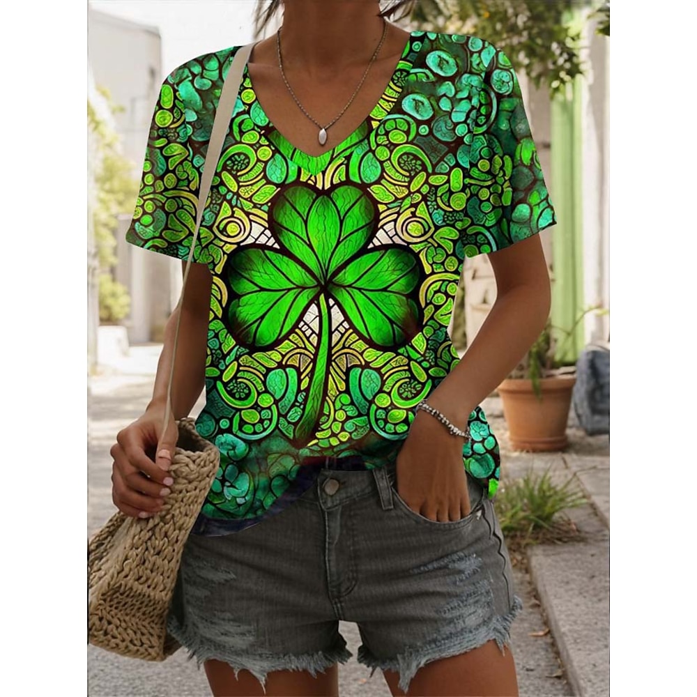 St. Patrick Damen T Shirt Kleeblatt Vintage Stilvoll Brautkleider schlicht Kurzarm V Ausschnitt Normale Oberteile Täglich Bedruckt Grün Sommer Frühling Lightinthebox