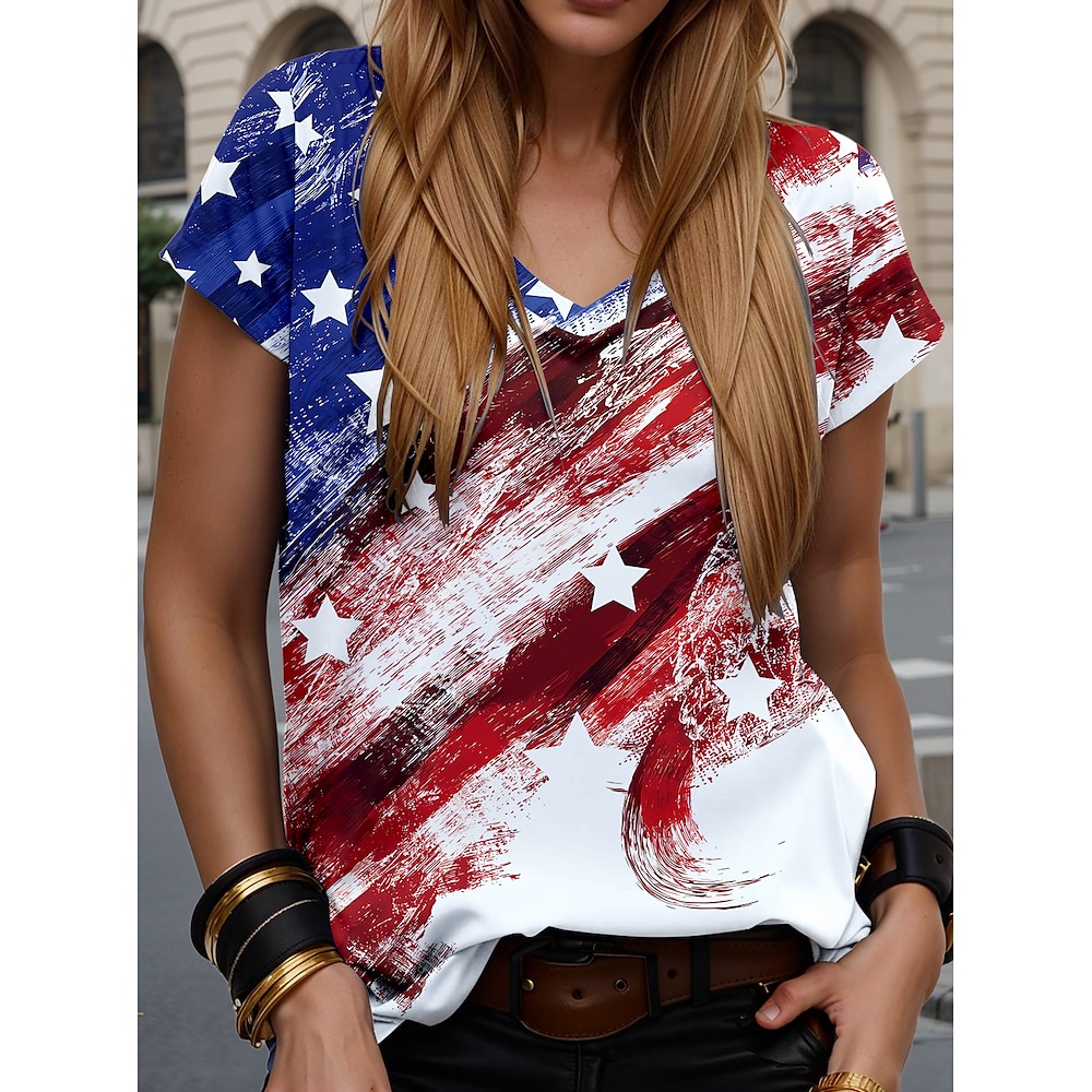 Damen T Shirt Fahne Amerikanische Flagge Nationalflagge Stilvoll Brautkleider schlicht Kurzarm V Ausschnitt Normale Oberteile Täglich Bedruckt Wein Sommer Frühling Lightinthebox