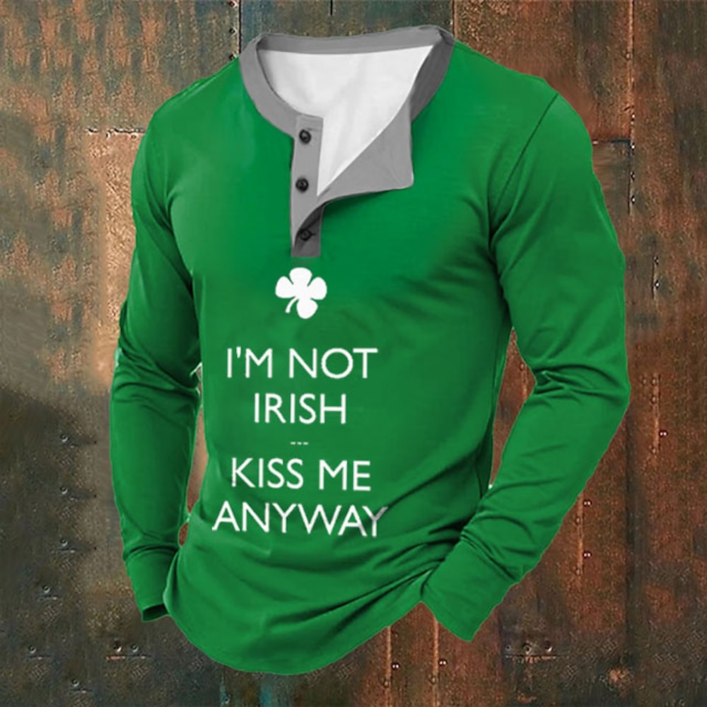 Herren St. Patrick Graphic Vierblättriges Kleeblatt Henley Shirt Langarm Modisch Kuschelig Täglich Casual Festtage Ausgehen Frühling Herbst Schwarz Leicht Grün Dunkelgrün Henley Henley T-Shirt Lightinthebox