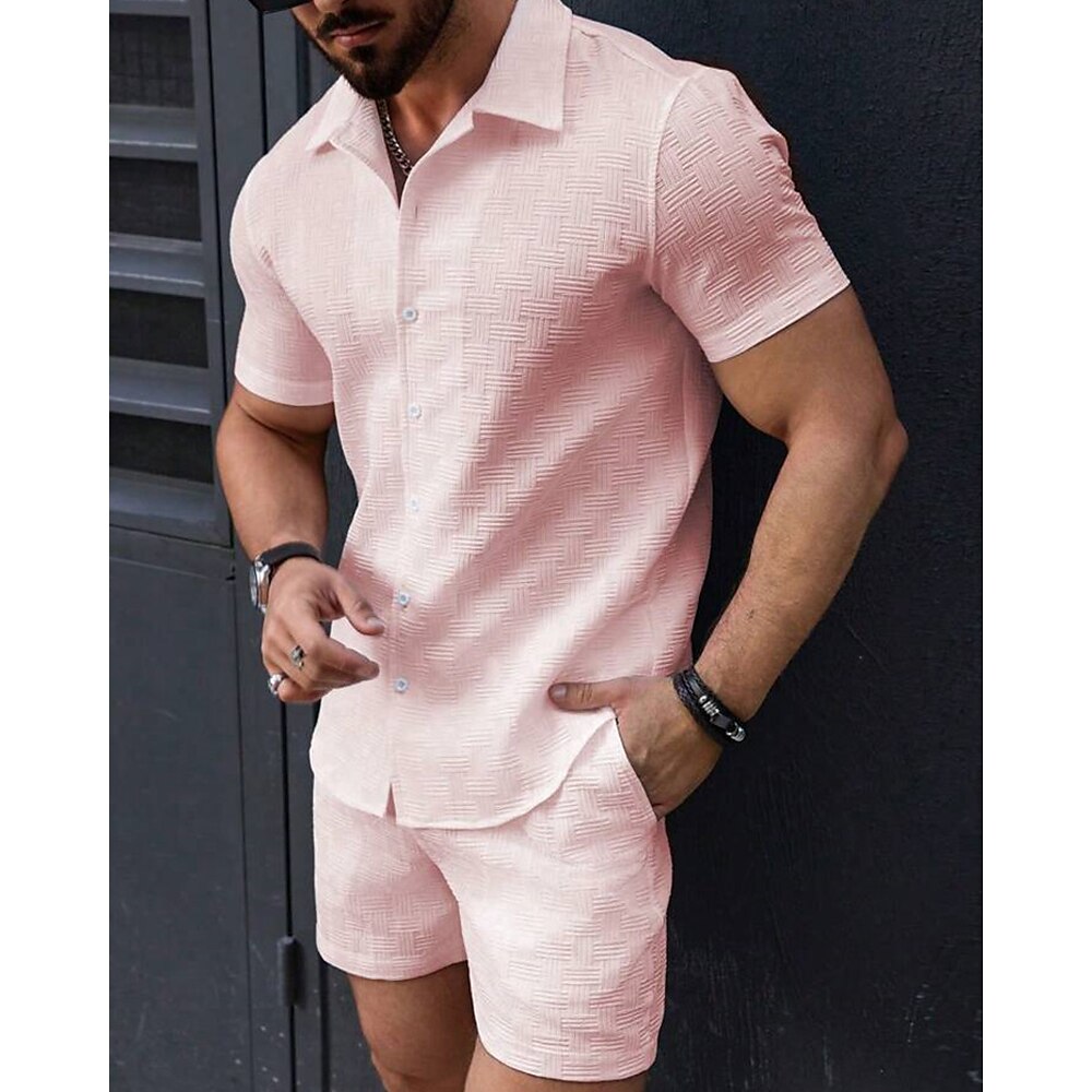 Herren T-Shirt Anzüge 2-teiliges Outfit T-Shirt und Shorts Kurzarm Revers Sommer Einfach Mode Lässig 2 teilig Jacquard Urlaub Alltagskleidung Ausgehen Schwarz Weiß Rosa Top T-Shirt für Herren Lightinthebox