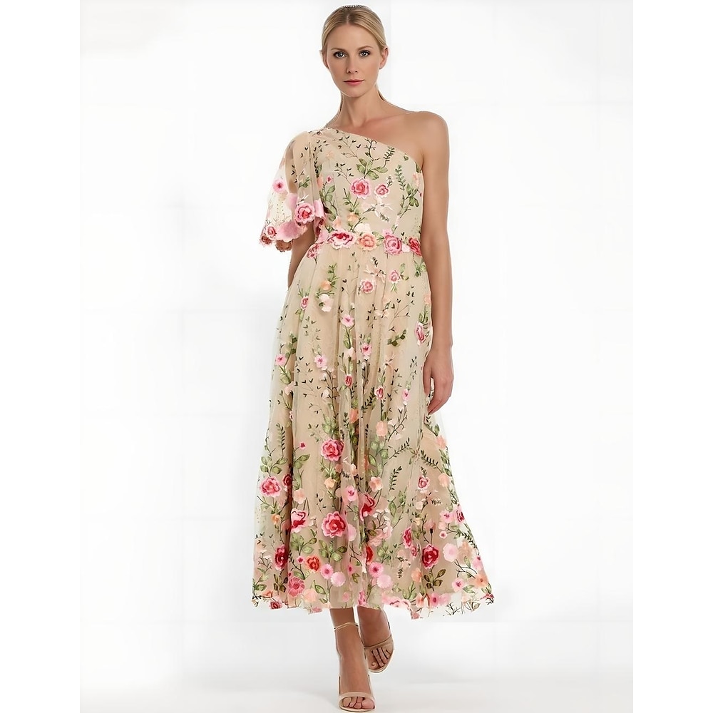 Blumen besticktes A-Linien-Kleid, Kleid für die Brautmutter, elegantes Vintage-Kleid mit einer Schulter, knöchellang, Tüll, kurze Ärmel, mit Blume 2025 Lightinthebox