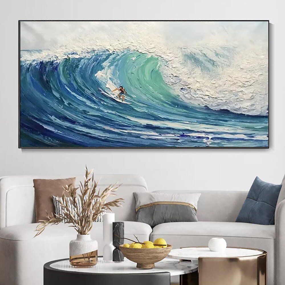 Handgemaltes blaues Wellengemälde auf Leinwand, strukturierte Wandkunst, Surfgemälde, Surfkunst, Surfergeschenke, personalisiertes Geschenk auf Leinwand, kein Rahmen Lightinthebox