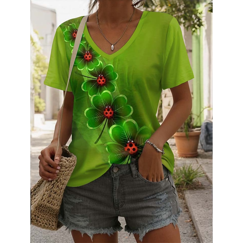 St. Patrick Damen T Shirt Blumen Graphic Stilvoll Brautkleider schlicht Kurzarm V Ausschnitt Normale Oberteile Täglich Bedruckt Grün Sommer Lightinthebox