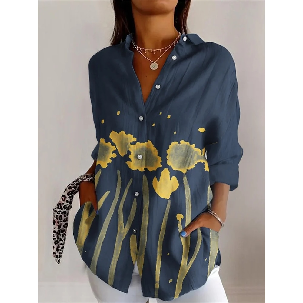 Damen Hemd Bluse Blumen Brautkleider schlicht Langarm Hemdkragen Normale Oberteile Täglich Knopf Bedruckt Weiß Marineblau Sommer Frühling Lightinthebox