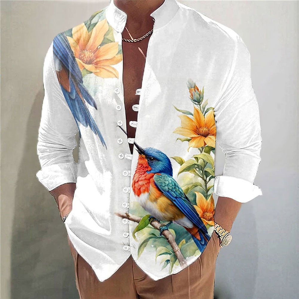 Herren Vogel Blumenmuster Blume Hemd leinenhemd Aloha-Shirt Langarm Brautkleider schlicht Urlaub Freizeitskleidung Ausgehen Frühling Stehkragen Button-Down Gelb Rosa Lightinthebox