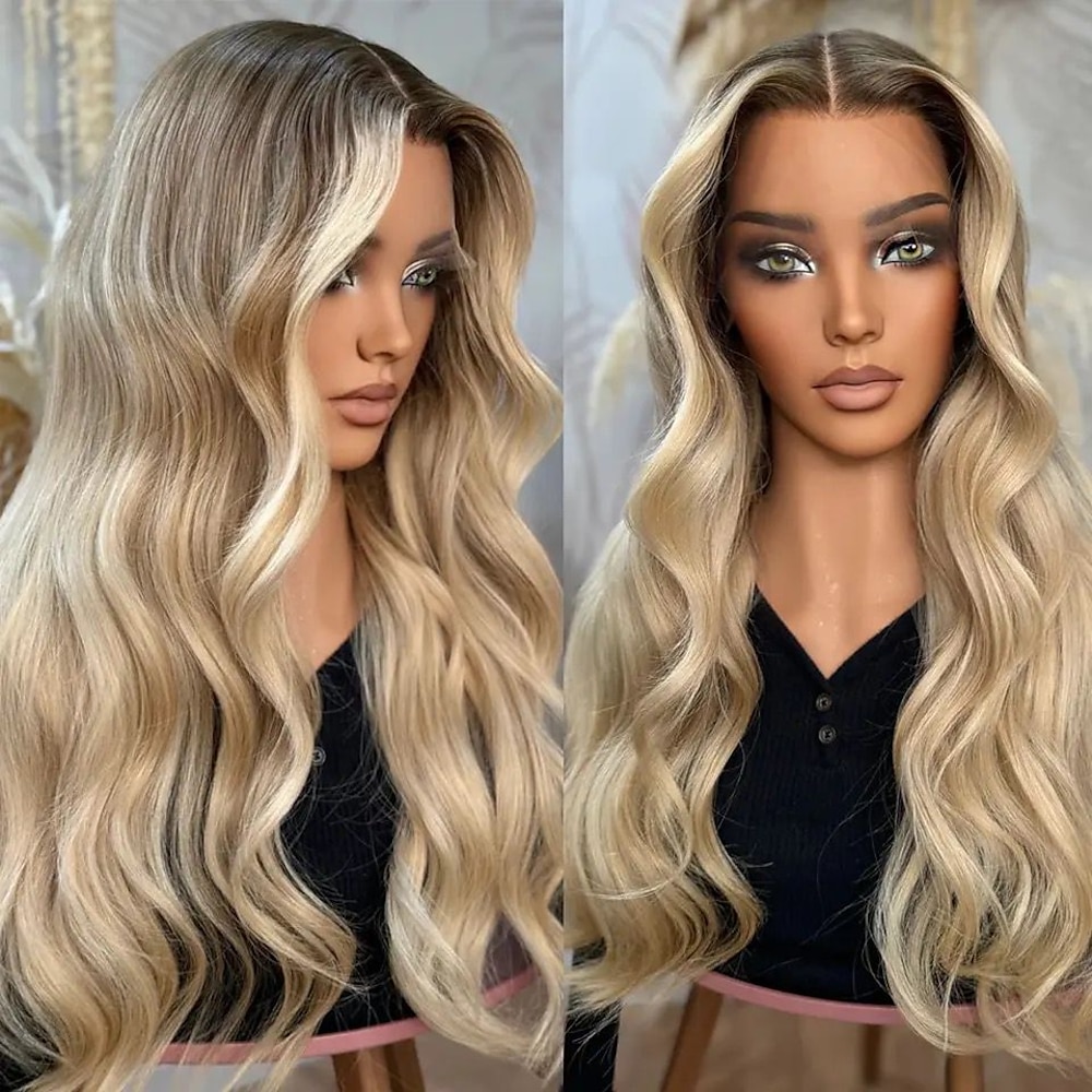 brasilianisches Remy-Haar, aschblond, Ombre-Highlights, klebefrei, 5 x 5 Zoll Lace-Closure-Perücke, gewellte Lace-Front-Perücke, natürlicher Haaransatz, vorgezupft für Frauen Lightinthebox