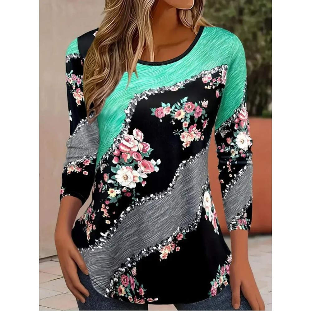 Damen T Shirt Farbverlauf Blumen Graphic Brautkleider schlicht Langarm Rundhalsausschnitt Normale Oberteile Täglich Bedruckt Schwarz und Grau Frühling Herbst Lightinthebox