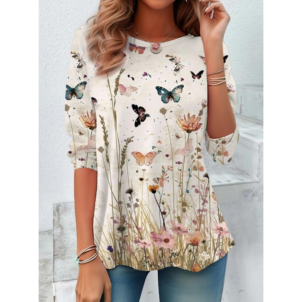 Damen T Shirt Blumen Elegant Vintage Modisch Langarm Rundhalsausschnitt Normale Oberteile Täglich Ausgehen Wochenende Bedruckt cremefarben Sommer Frühling Lightinthebox