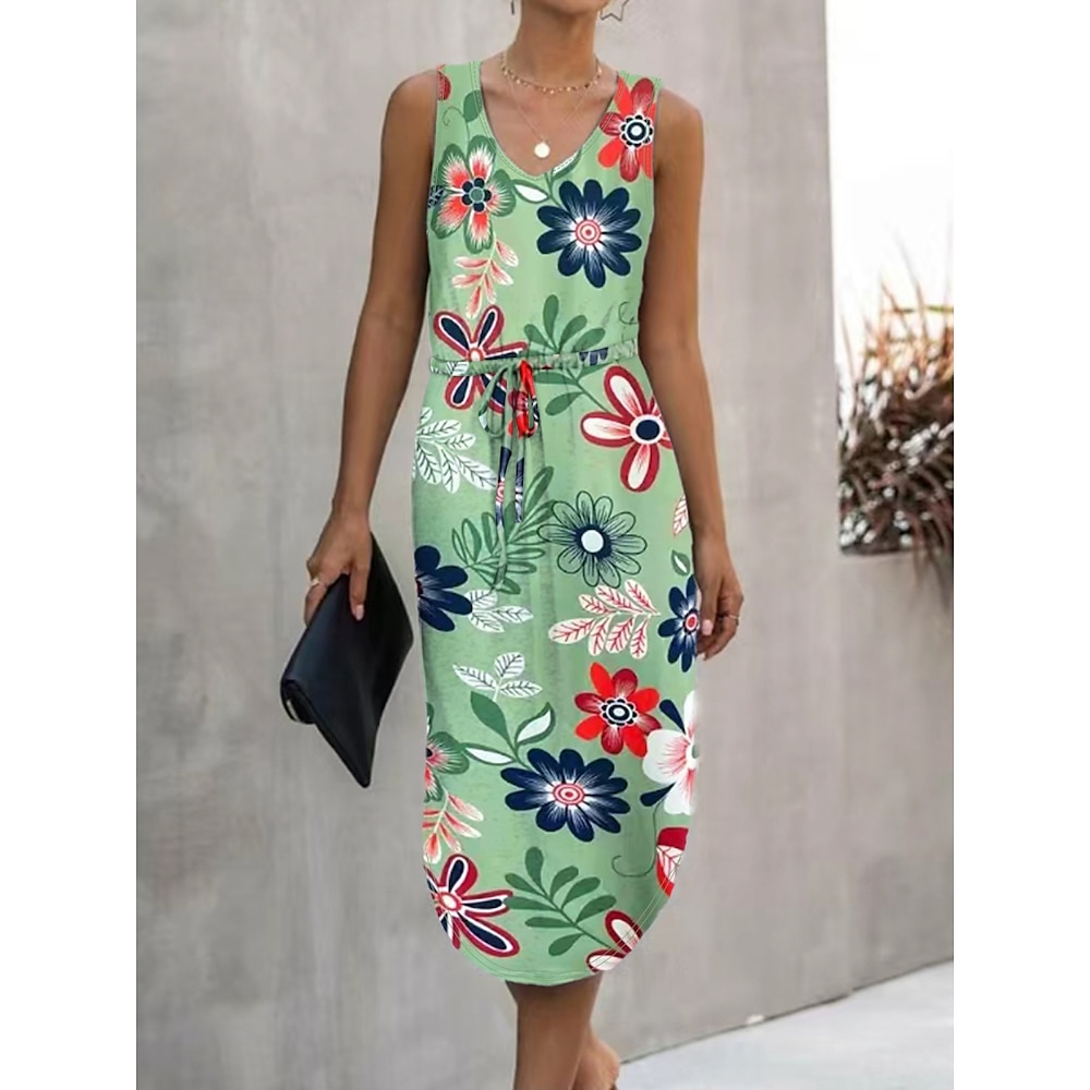 Damen Midikleid Casual kleid Tank-Top Kleid Stilvoll Brautkleider schlicht Urlaub Täglich Regular Fit Blumen Ärmellos V Ausschnitt Weiß Hellgrün Sommer Lightinthebox