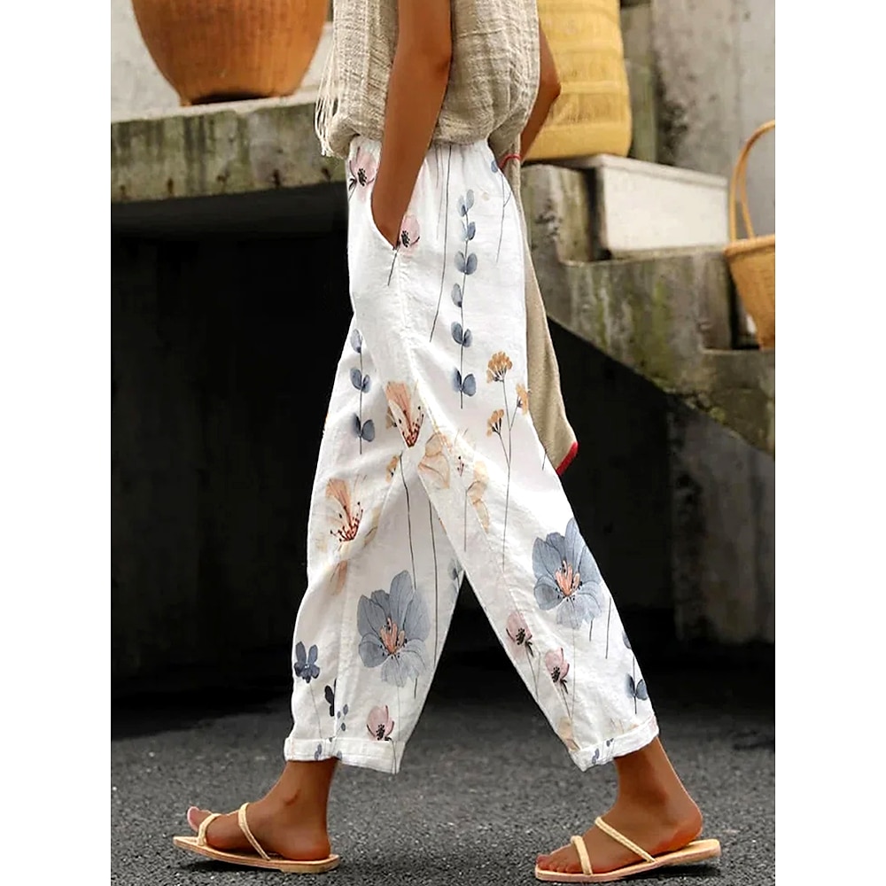 Damen Chinesisch Chino Elegant Vintage Modisch In voller Länge Hoher Taillenbund Blumen Print Atmungsaktiv Weich Mikro-elastisch Outdoor Täglich Milchweiß Sommer Frühling Regular Fit Lightinthebox