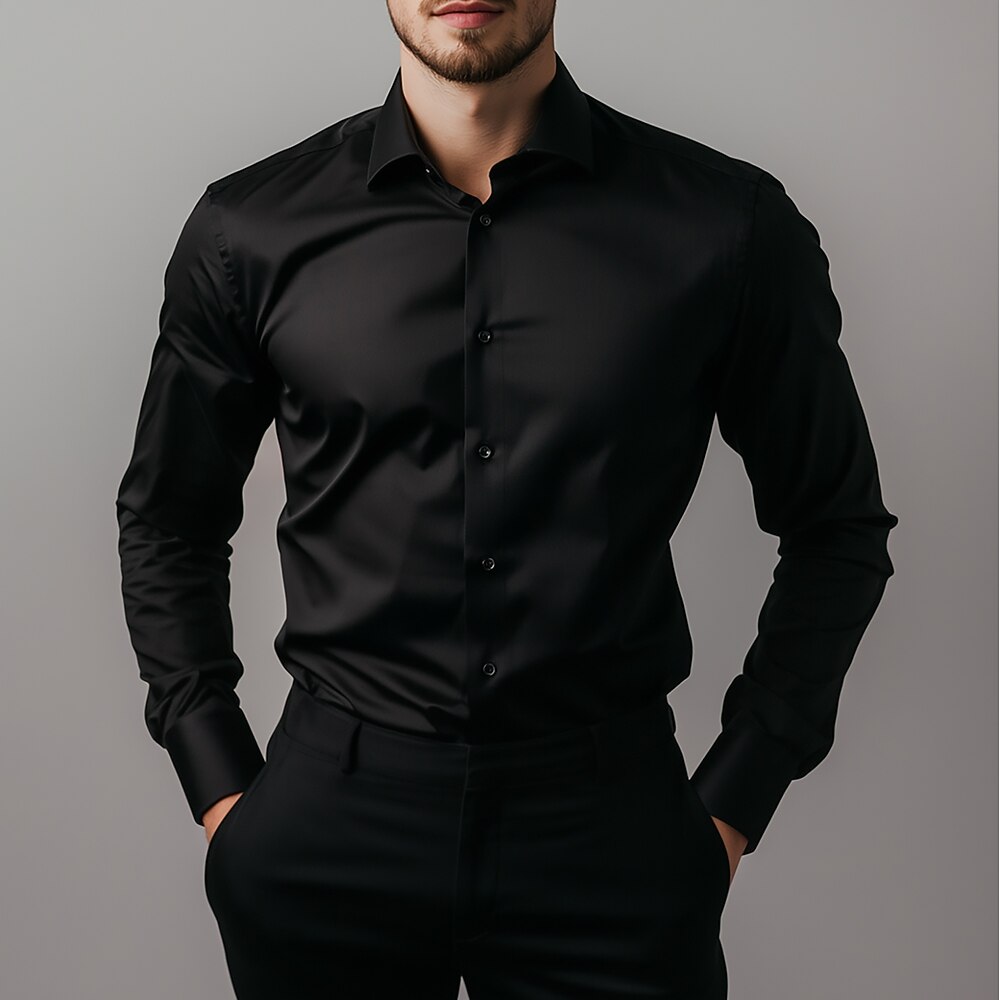 Herren Täglich Party Kleid Lässiges Hemd Weite Passform Langarm Kargen Feste Farbe Polyester Schwarz 2025 Lightinthebox