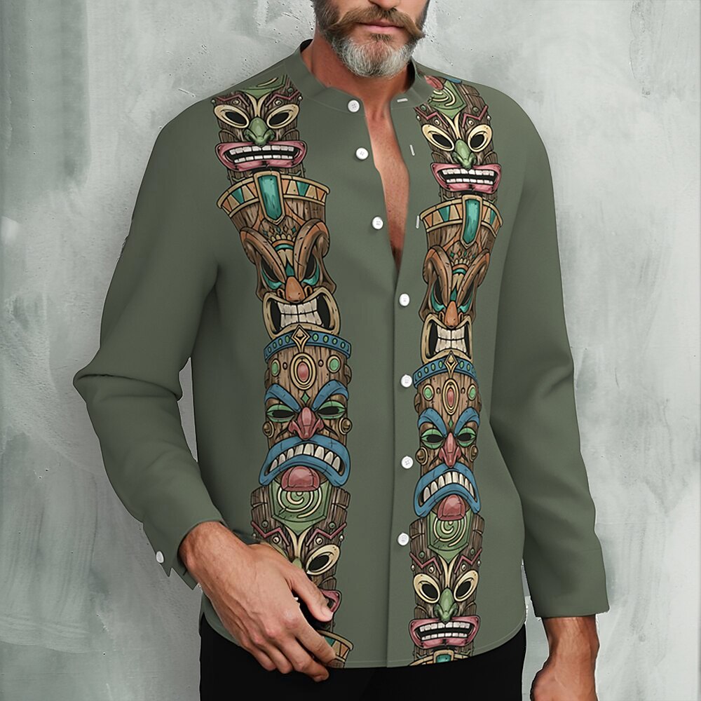 Herren Maske Ethik / Afrikanisch Hemd Hawaiihemd Sommerhemd Hemd ohne Kragen Langarm Vintage-Retro Stamm Urlaub Casual Festtage Sommer Frühling Stehkragen 3D-Druck Button-Down-Hemden Dunkelgrün Lightinthebox