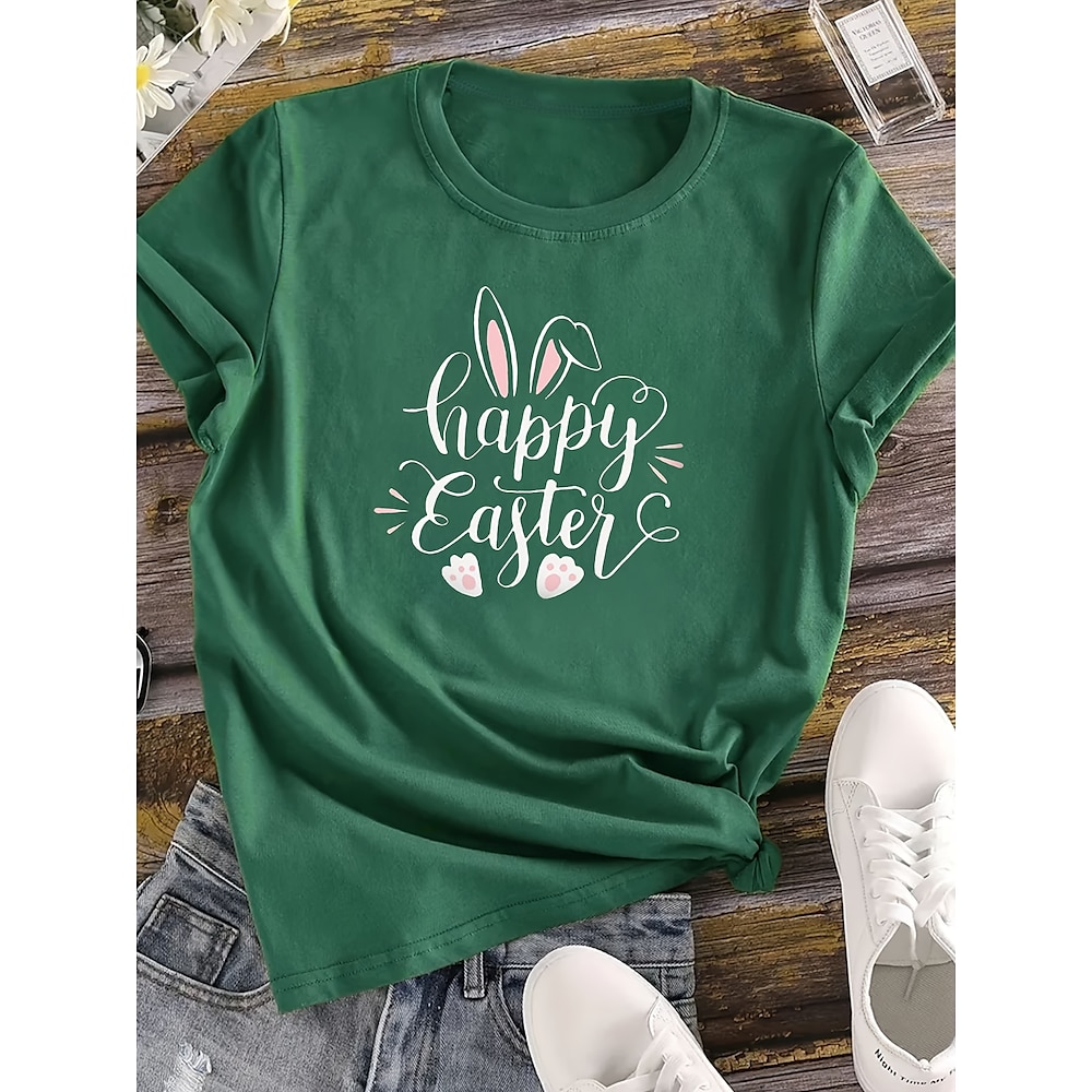 Ostern Damen T Shirt Tier Buchstabe Brautkleider schlicht Kurzarm Rundhalsausschnitt Normale Oberteile Täglich Bedruckt Wein Marineblau Grün Sommer Frühling Lightinthebox