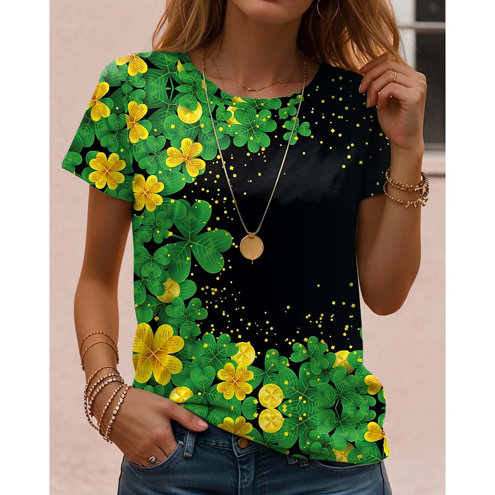 St. Patrick Damen T Shirt Kleeblatt Brautkleider schlicht Kurzarm Rundhalsausschnitt Normale Oberteile Täglich Bedruckt Schwarz Grün Sommer Lightinthebox