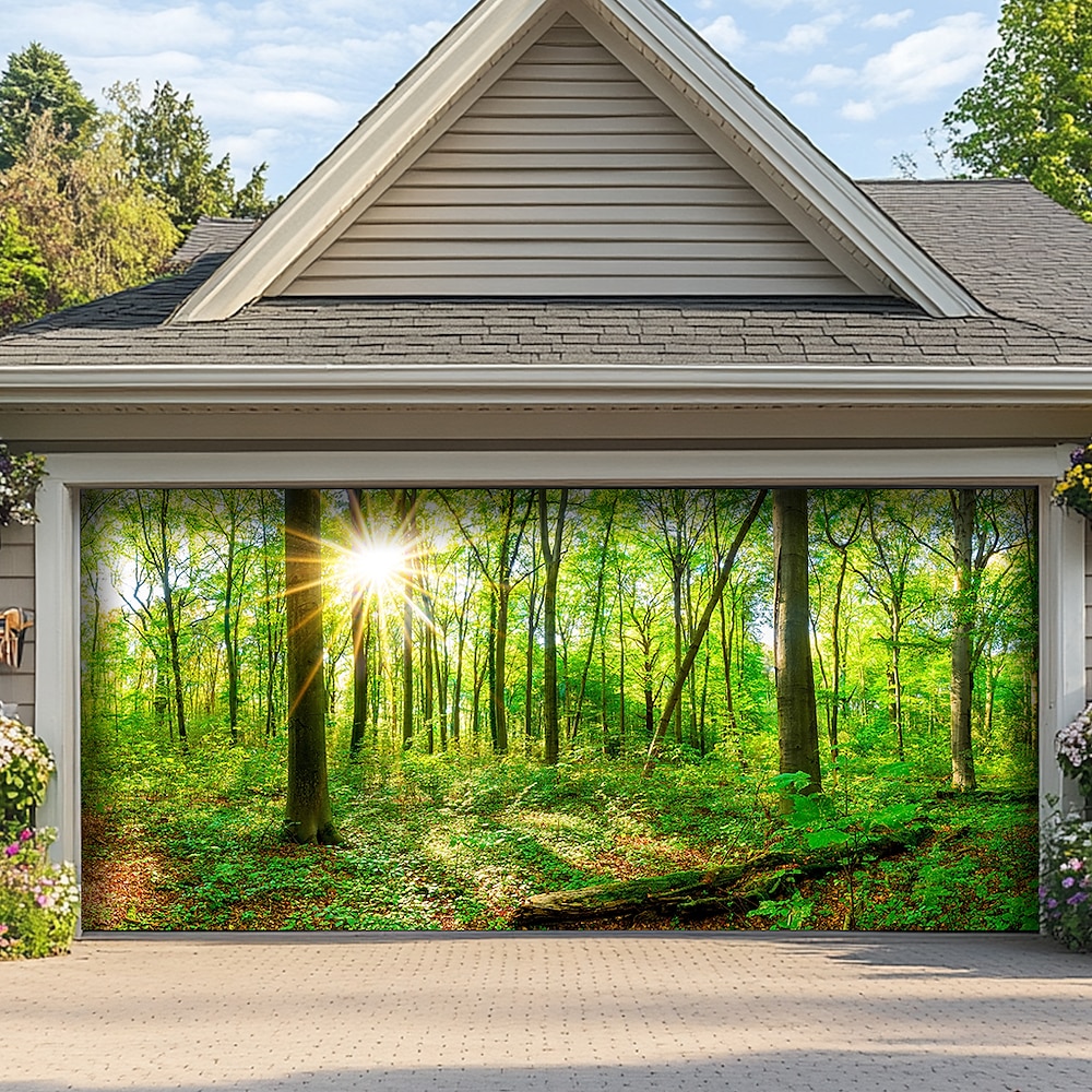 Landschaft Wald Bäume Türdekorationen Garagentorabdeckung Außenbanner Großes Hintergrund für Feiertags-Außen-Garagentor-Hauswanddekorationen Lightinthebox